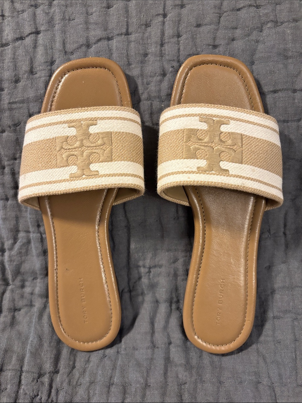 Tory Burch Beige and Cream Canvas Slide Sandals
